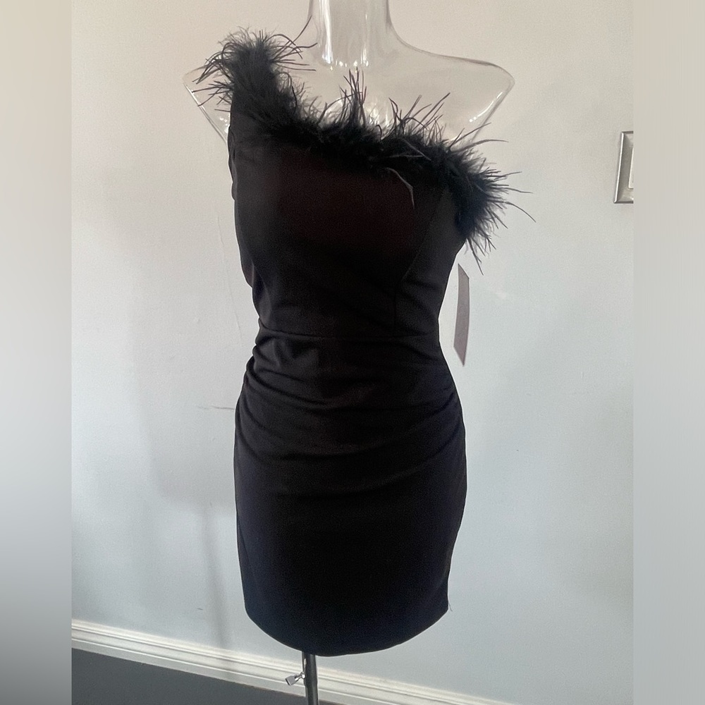 Black one shoulder feather mini dress by Emerald Sundae NWT